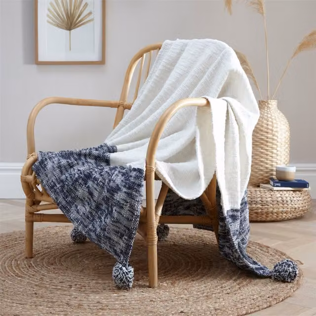 Portfolio Home Dahlias Boho Throw with Fringes in Navy Blue and Multicolour