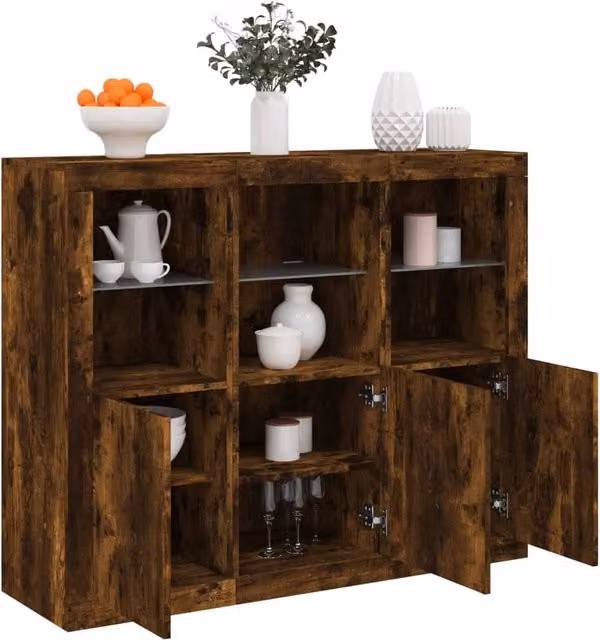 Berkfield Home Set of 3 Modern Smoked Oak Sideboards with Integrated LED Lighting in Brown