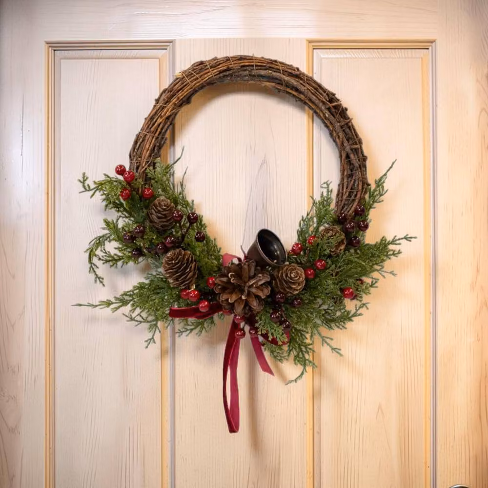 Four Candle Brown Twig Wreath with Red Berries, Pinecones, Bells and Bow, Diameter: 25 cm – 2
