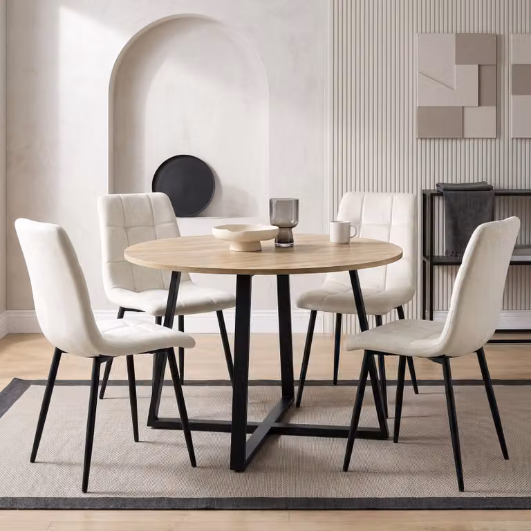 Kyvon Round Dining Table Set with 4 Chairs in Beige and Black, Diameter: 110 cm, Height: 75 cm