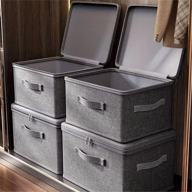 Nordara Set of 3 Large Foldable Fabric Canvas Storage Baskets with Lids in Grey – 1