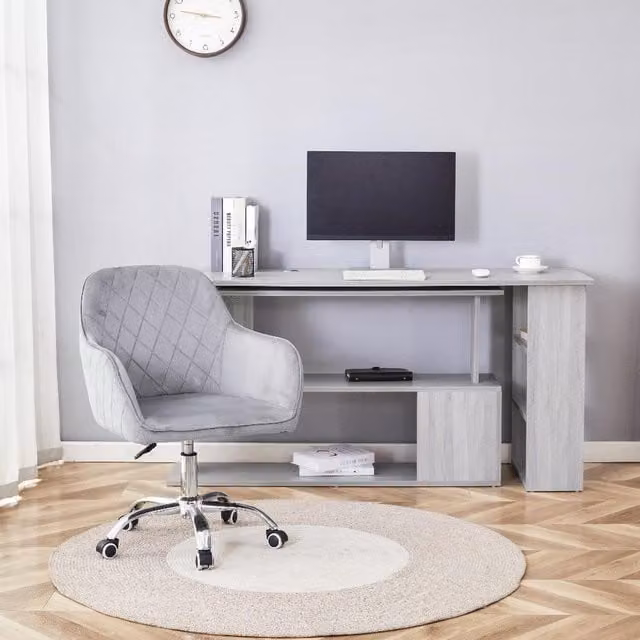 Kosy Koala Modern L-Shaped Office Desk with Storage Shelves and Upholstered Chair in Grey
