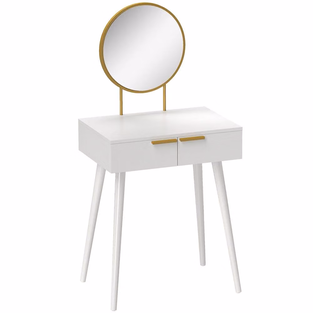 Wyld Haus Sovaha White Dressing Table with Round Mirror and Two Drawers W/D/H: 60 x 40 x 123 cm – 2