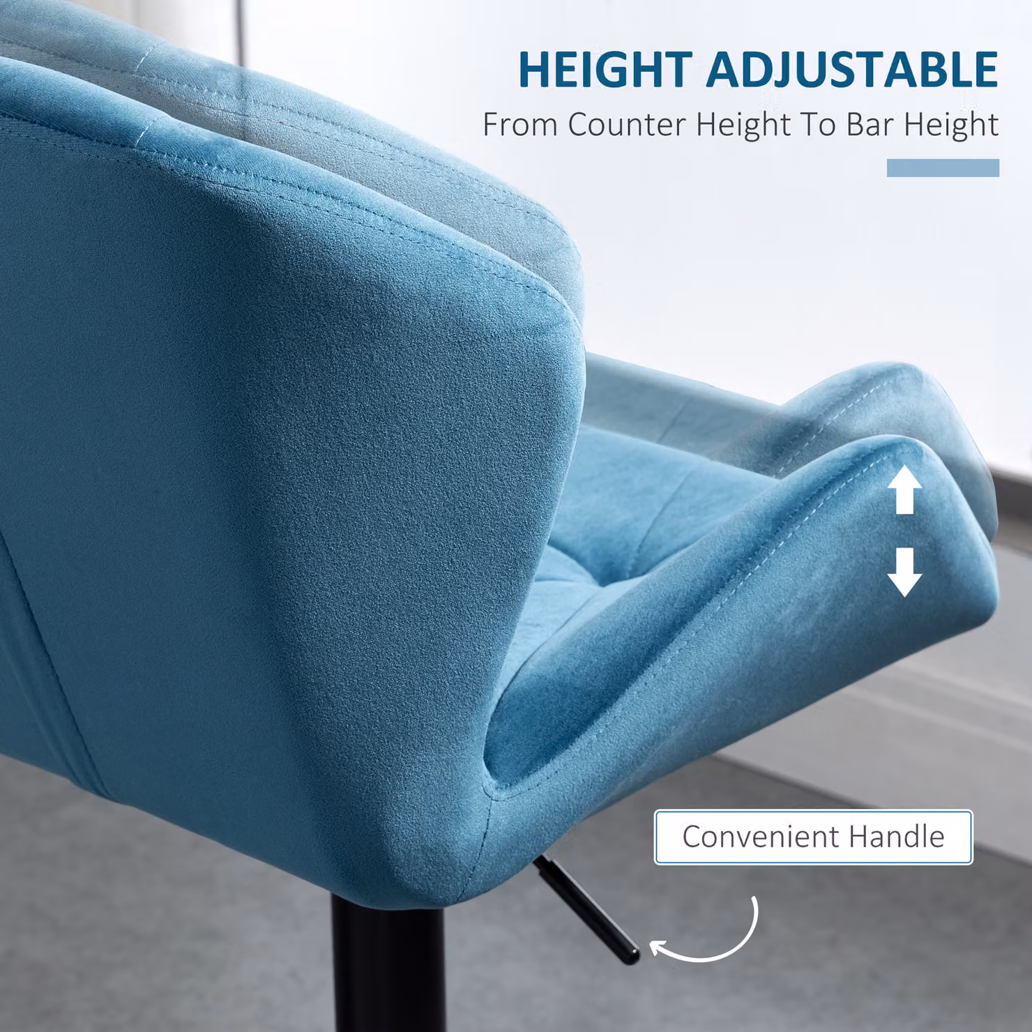 HOMCOM Set of 2 Blue Velvet Bar Stools with Adjustable Height and Metal Frame – 4