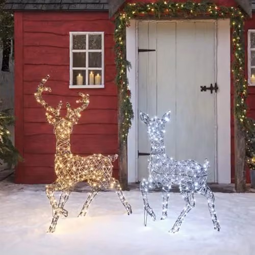 Lights4fun Dual LED Studley Stag and Doe Light Up Reindeer Duo in White – 2