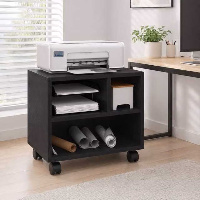 STILVORA Black Matt Printer Stand with 3 Compartments and Castors