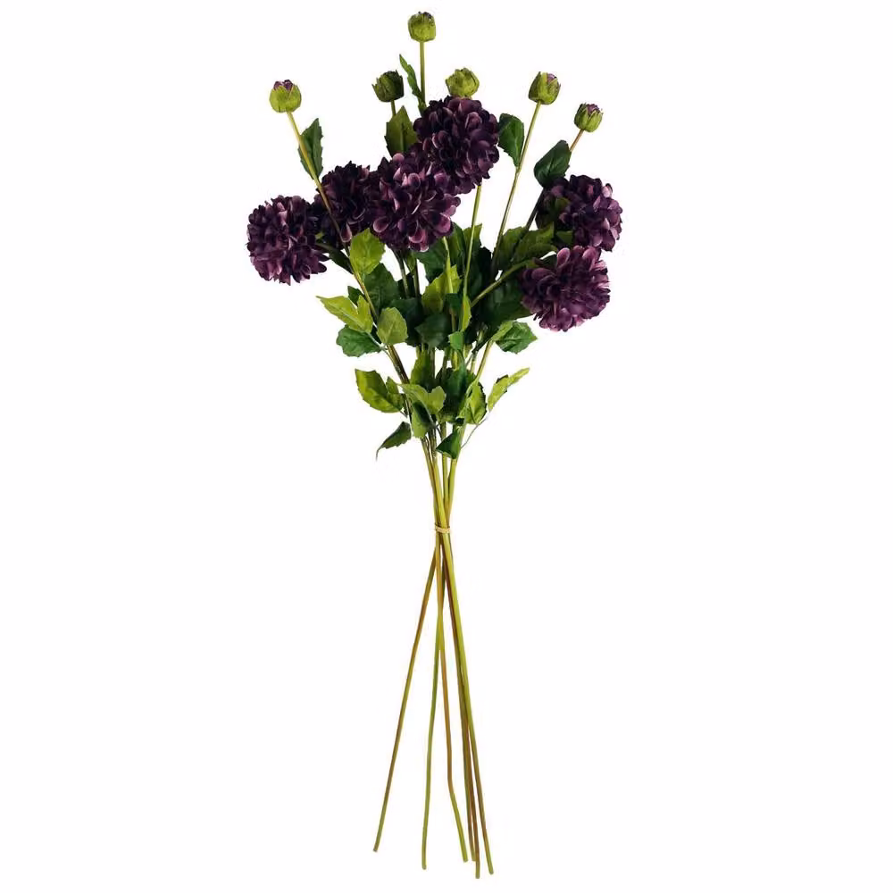 Leaf Pack of 6 Purple Artificial Dahlia PomPom Flower Stems, Height: 75 cm – 4