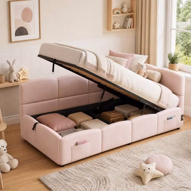 STILVORA Pink Velvet Upholstered Single Bed Frame with USB Charging Port and Lift Up Base, W/D/H: 90 x 190 x 78 cm