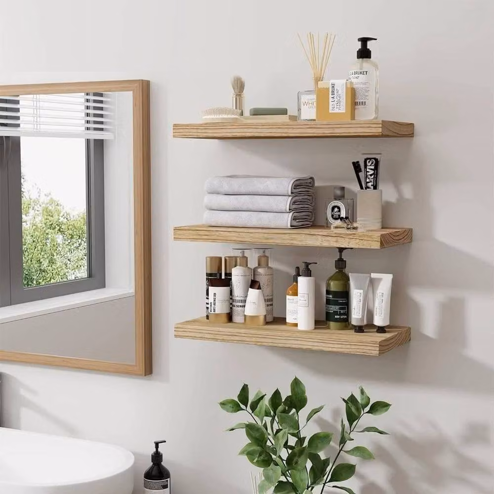 SPETLEK Set of 3 Natural Brown Wooden Floating Wall Mounted Shelves – 3