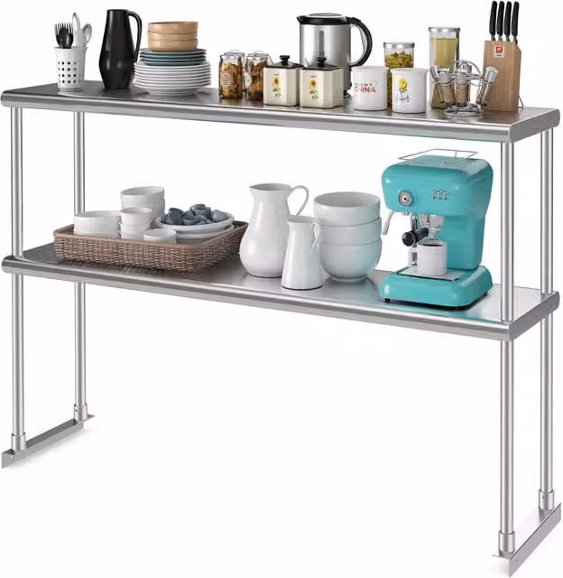 COSTWAY Silver Metal Kitchen Overshelf for Tabletop with Adjustable Shelves, W: 122 cm, D: 30 cm, H: 30 cm