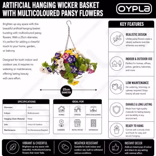 Oypla Artificial Hanging Wicker Basket with Multicoloured Pansy Flowers in Brown and Green – 4