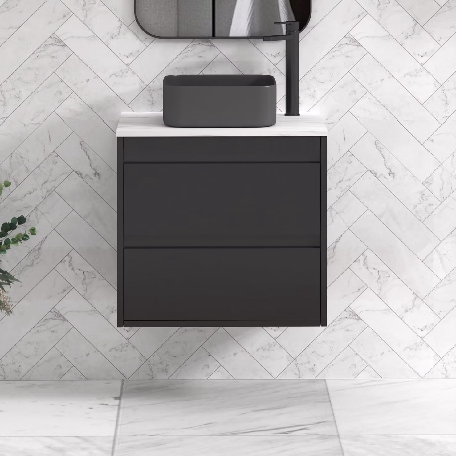 Royal Bathrooms Orion 600mm Matt Obsidian Black Wall Hung Vanity Unit with 2 Drawers and Art Square Basin