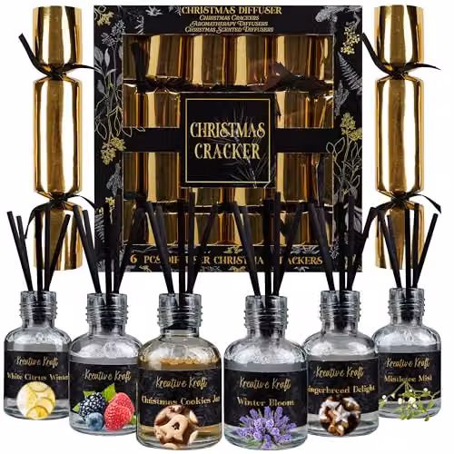 KreativeKraft Luxury Christmas Crackers Pack of 6 with Scented Reed Diffuser in Gold and Multicolour – 1