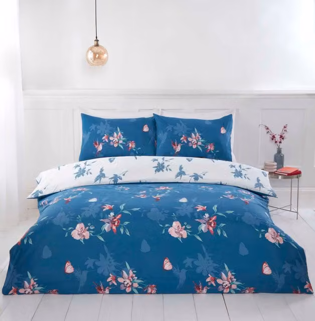 Rapport Home Hummingbird Microfibre Floral Reversible Duvet Cover and Pillowcase Set in Blue and Green, W/D/H: 135 x 200 cm and 50 x 75 cm – 1