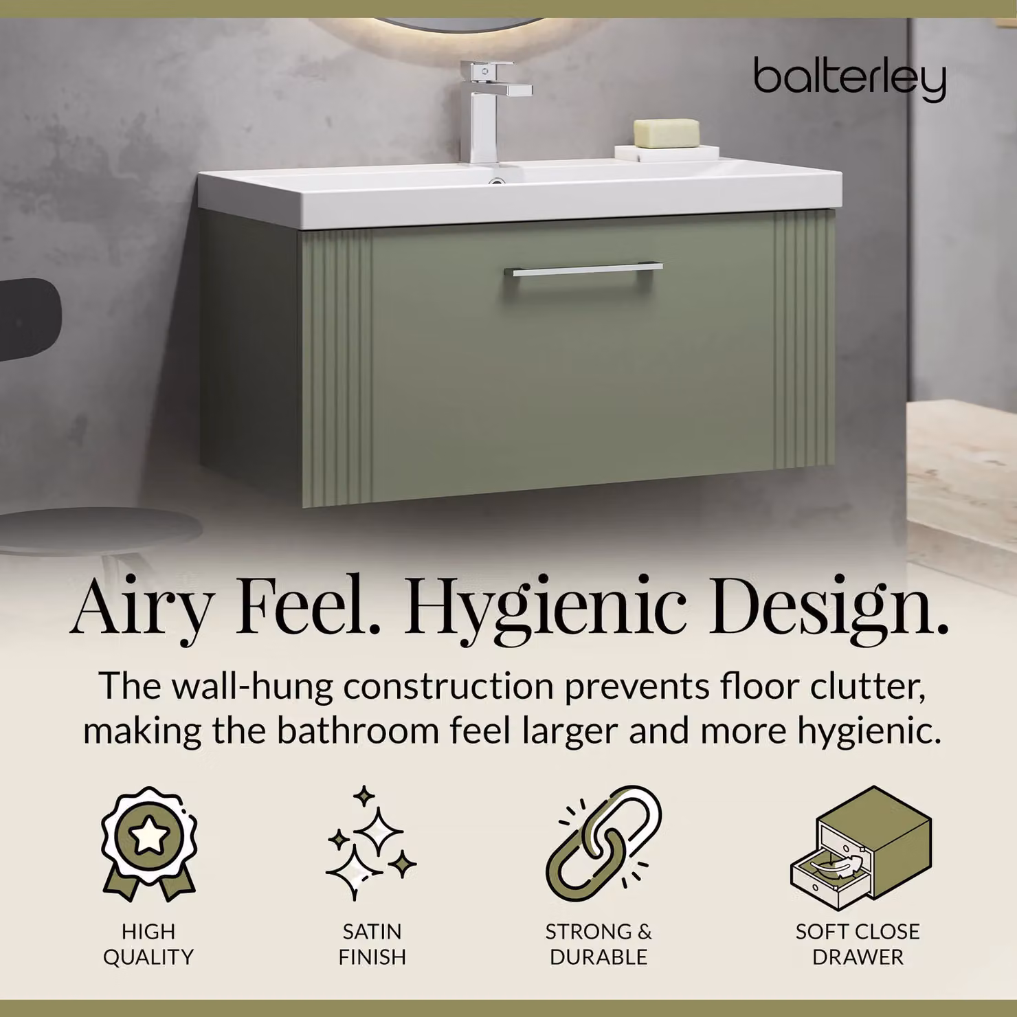 Balterley Wall Hung 1 Drawer Vanity Unit with Thin-Edge Basin, Satin Green – 2