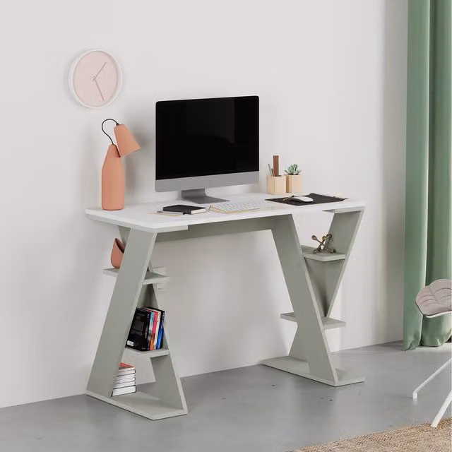 Decortie Papillon Modern Writing Desk in White and Green, Width: 106 cm