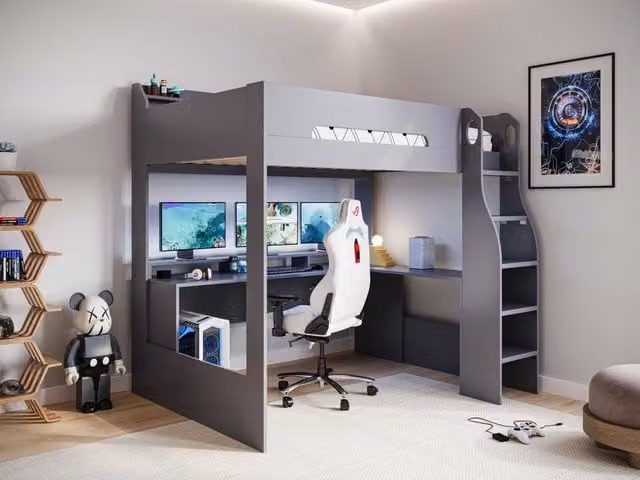 Flair Skyhigh Small Double Gaming High Sleeper Bed in Grey and Black, W/D/H: 120 x 200 x 139 cm – 1