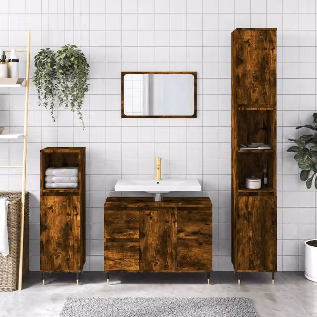 Berkfield Home Smoked Oak Bathroom Cabinet in Brown, W/D/H: 80 x 33 x 60 cm