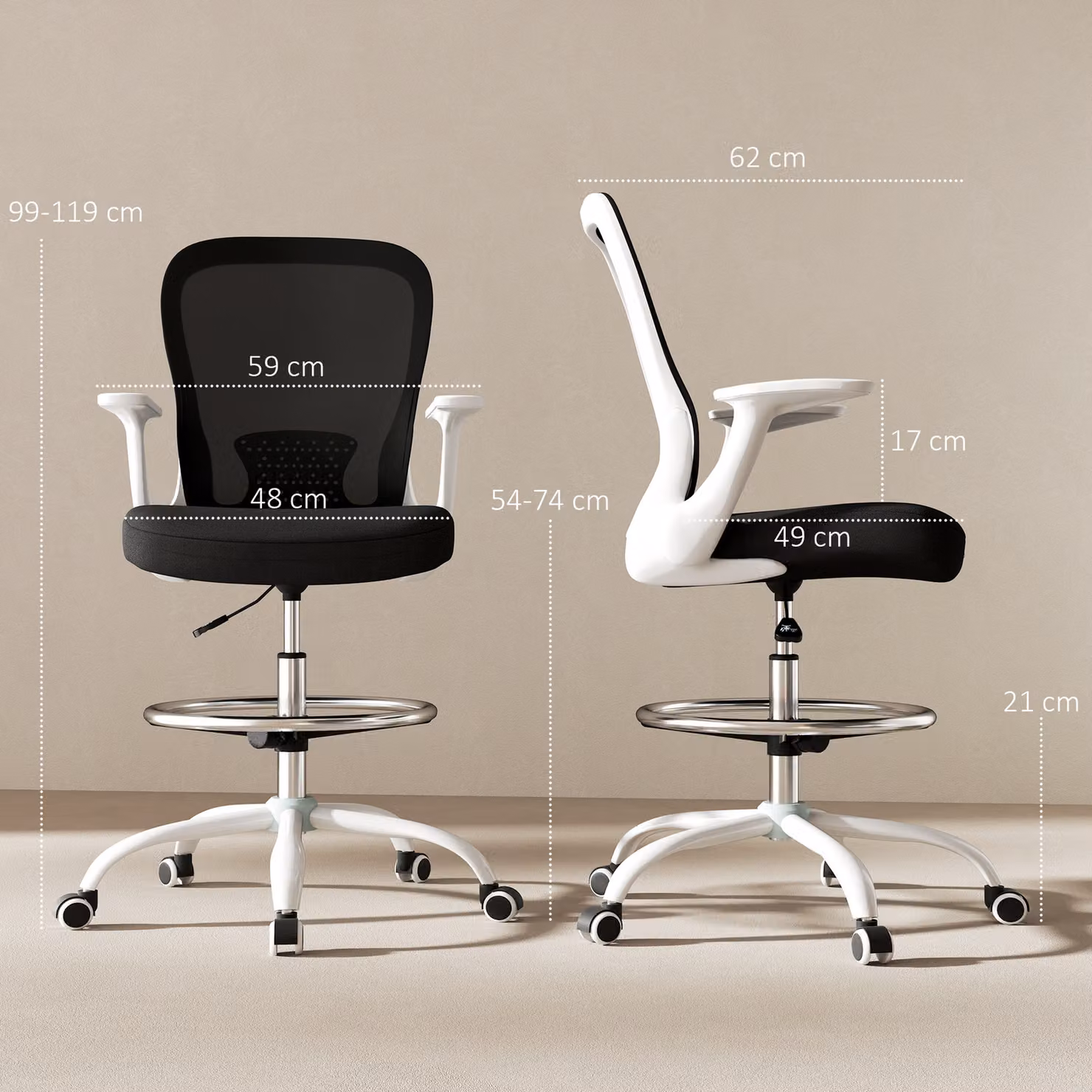 HOMCOM Ergonomic Draughtsman Mesh Office Chair with Flip-up Armrests and Adjustable Foot Ring, Black and White – 3