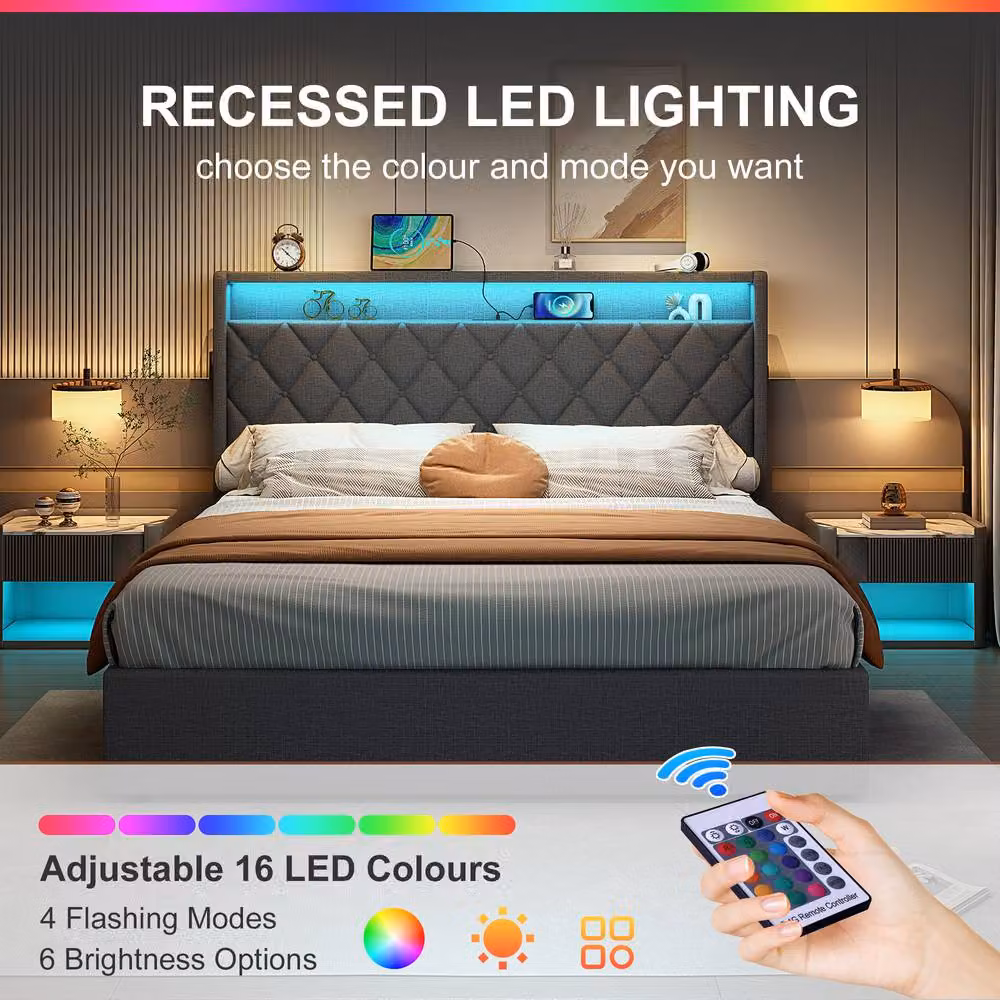 Matteo King Size Grey Linen Ottoman Bed with LED Under-Bed Lighting and USB Charging Ports, W/D/H: 180 x 200 x 120.5 cm – 4