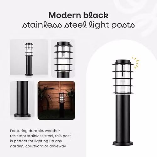 MiniSun Set of 2 Modern Black Stainless Steel Garden Bollard Light Posts with 4W Warm White LED Bulbs – 2