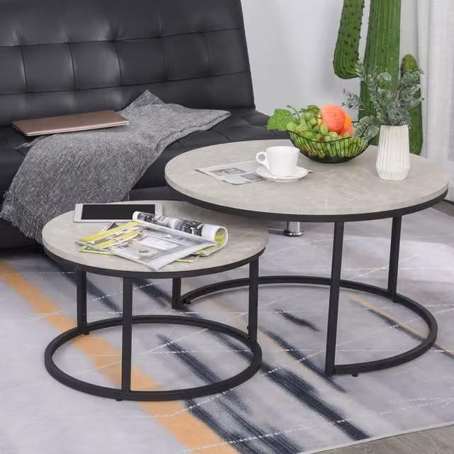 HOMCOM 2 Piece Stacking Coffee Table Set in Grey and Black with Round Nested Tops and Metal Sled Base