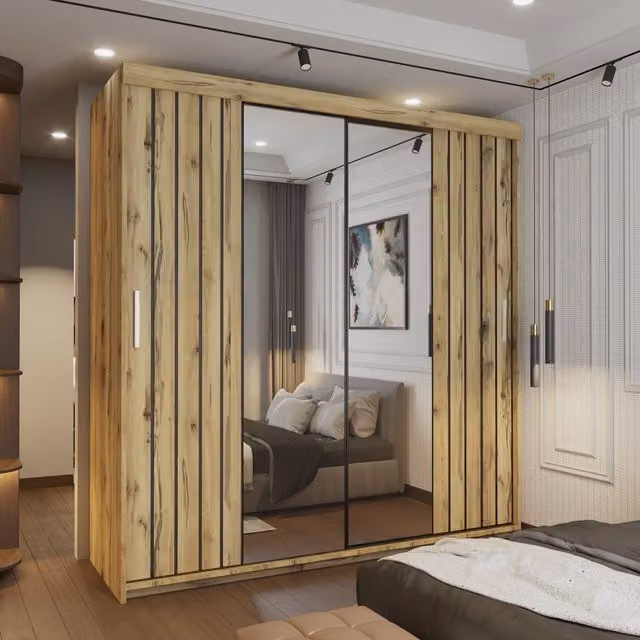 Sliding Wardrobes 4U Modern Double Sliding Wardrobe with Integrated LED Light in Light Oak, W: 150 cm, H: 217 cm, D: 62 cm