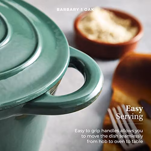 Barbary & Oak Oval Cast Iron Casserole Dish with Enamel Interior, Green, 29 cm – 6