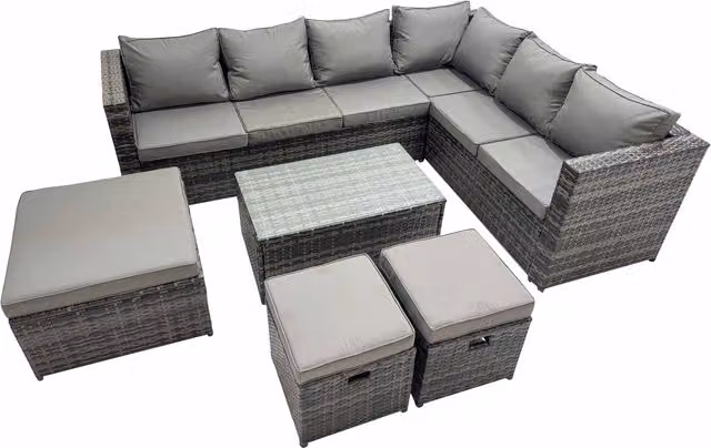 Fimous 9-Seater L-Shape Outdoor PE Rattan Sofa Set with Coffee Table and Ottomans in Dark Grey Mixed