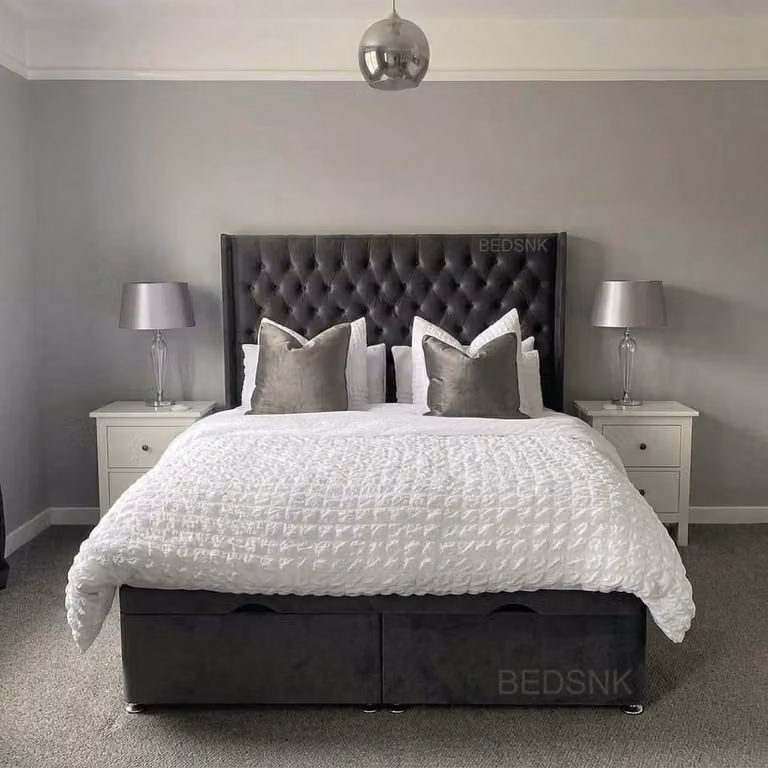 Beds NK Ltd Venice Wing Divan Bed in Grey Velvet with Drawers