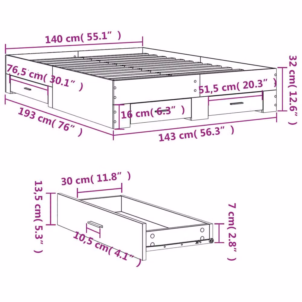 Berkfield Home Modern Bed Frame with Drawers in Concrete Grey, W/D/H: 140 x 190 x 143 cm – 2