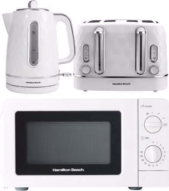 Hamilton Beach Diamond Kitchen Set in White, including 1.7L Kettle, 4-Slice Toaster and 20L Microwave