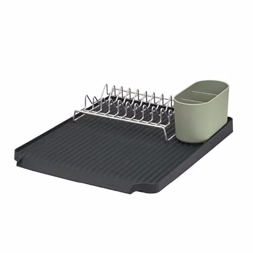 ReBorn Recycled Dish Rack with Drip Tray and Cutlery Holder in Sage Green and Charcoal Grey, W/D/H: 38.0 x 47.8 x 12.0 cm