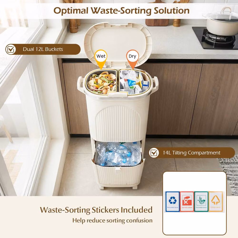 Costway 38L 2-Tier Kitchen Trash Can with Lid and Step Pedal in Beige – 2