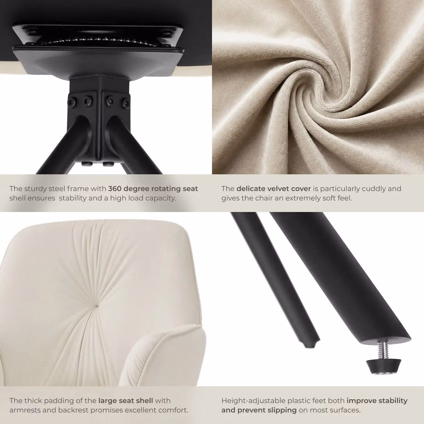 tectake Lenia Set of 4 Swivel Chairs in Cream Velvet and Black – 4