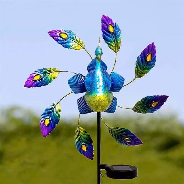 NESTLUNE Metal Peacock Wind Spinner Solar Powered LED Garden Light, Multicolour, H 100 cm x W 15 cm – 1