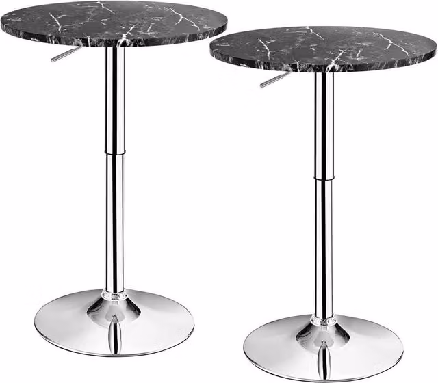 Havendro Height Adjustable Modern Bar Table with Black Marble Pattern and Metal Base