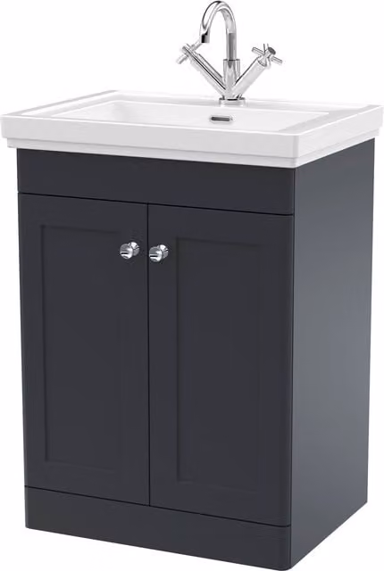 Balterley 2-Door Freestanding Bathroom Floor Vanity Unit with Fireclay Basin in Matt Dark Grey, W: 60 cm, H: 86.5 cm