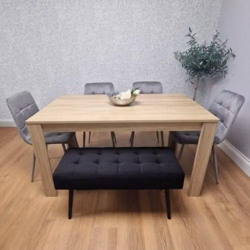KOSY KOALA Modern Dining Set with Oak Effect Table, Bench and 4 Grey Velvet Chairs, W/D/H: 140 x 80 x 75 cm