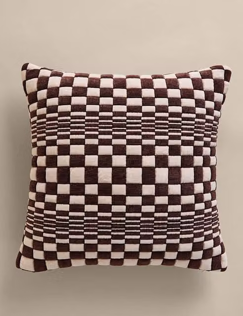 M&S Chenille Checked Quilted Square Cushion in Rust Mix