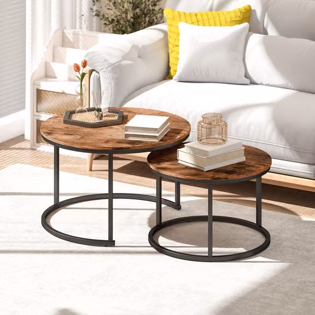 HOMCOM Set of 2 Round Nest of Tables with Rustic Brown Marble Effect Tops