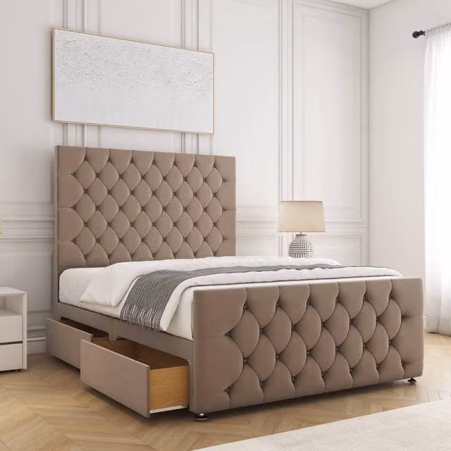 BSSPOKE Maya Plush Velvet Divan Bed with 54 inch Headboard, 2 Drawers and Mattress in Taupe, Super King, W/D/H: 162.56 x 200 x 30.48 cm