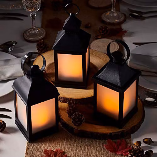 Lights4fun Set of 3 Black Outdoor Garden Candle Lanterns with Battery Operated Flickering Amber LED Flame Effect, Waterproof – 2