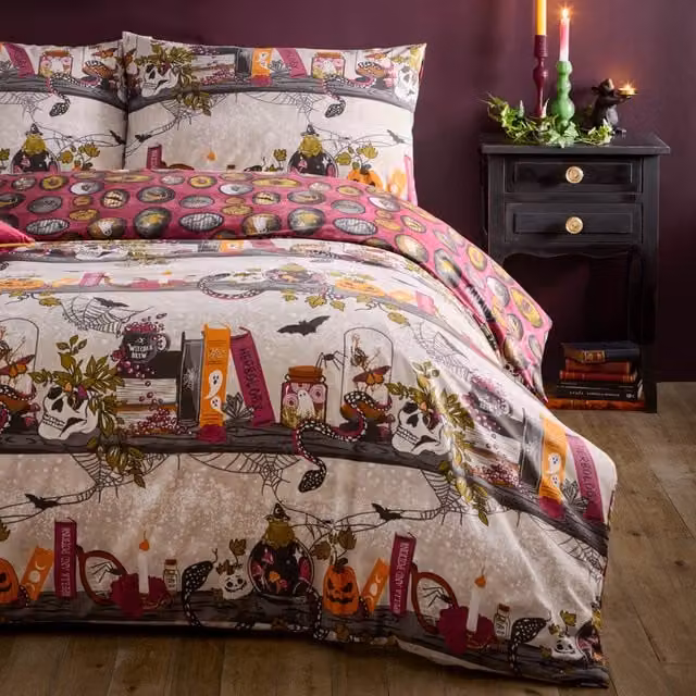 Witchy Tales Reversible Graphic Printed Duvet Cover Set, Multicoloured and Pink, 180 x 200 cm