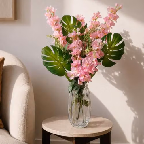 Leaf Design Artificial Flower Display with Pink and Green Textile Flowers and Glass Vase, H 30.0 cm x W 12.0 cm x D 11.0 cm – 2
