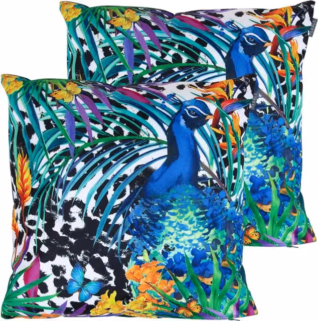 ICON Tropical Peacock Printed Outdoor Cushion Set of 2, Petrol and Multicolour