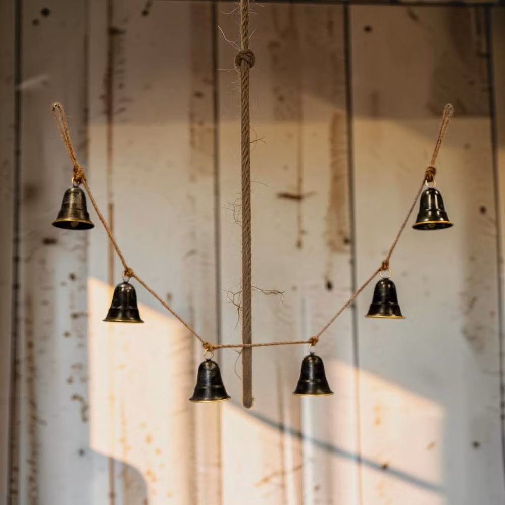 Four Candle Brown Metal Bell Christmas Garland with Jute Rope, Length: 137 cm – 2