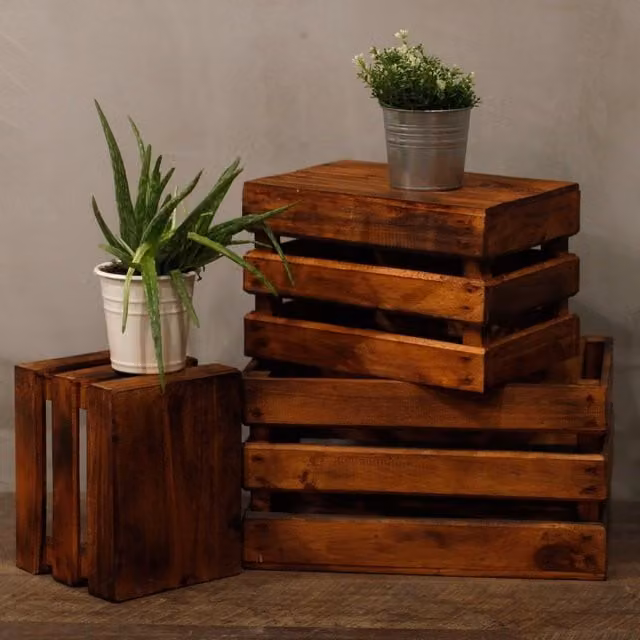 KDMK Set of 3 Brown Slatted Wood Fruit Display Boxes for Home Decor