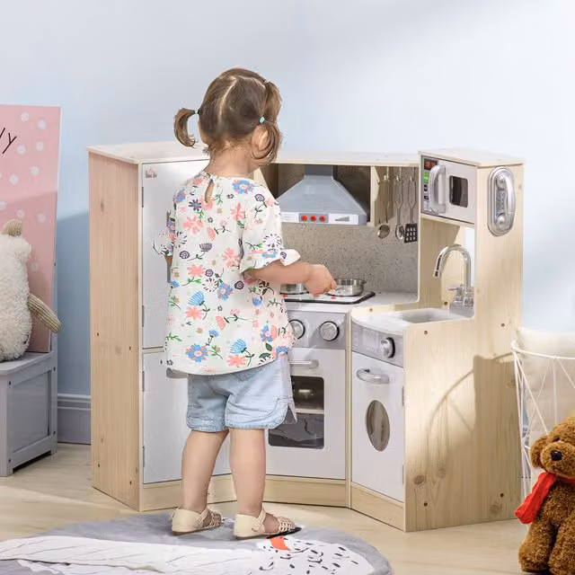 HOMCOM Wooden Kids Kitchen Playset Dollhouse in Brown, Yellow and White