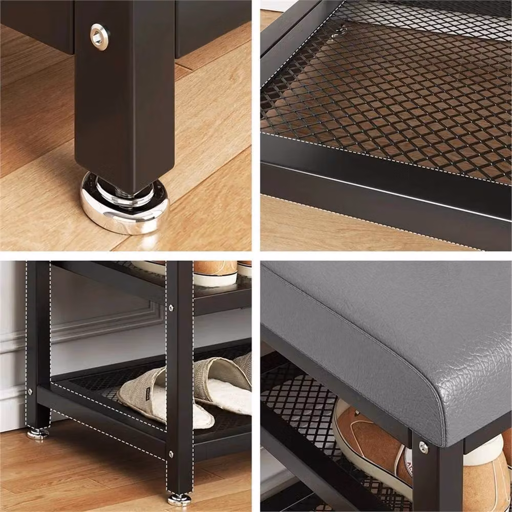 EONLION Grey Shoe Storage Cabinet Bench with Padded Synthetic Leather Cushion, W: 60 cm, D: 15 cm, H: 45 cm – 2